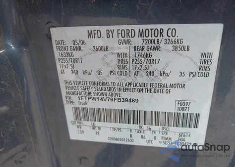 2006 Ford F-150 Fx4/Lariat/Xlt из США, поврежденный, VIN 1FTPW14V76FB39489